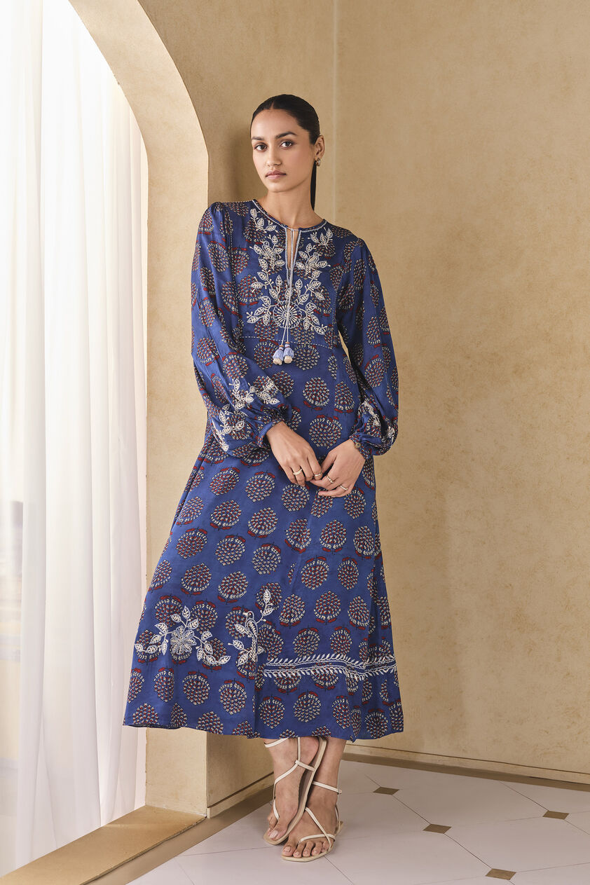 Aze Handcrafted Ajrakh A-Line Dress - Blue, Blue, image 4